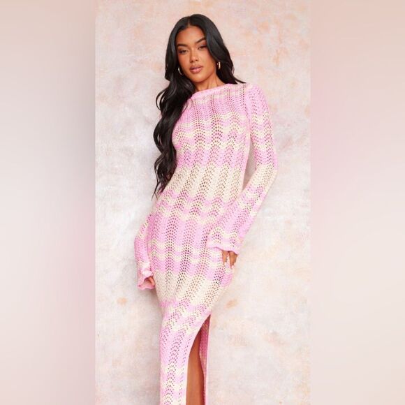 PRETTY LITTLE THING PINK WAVE KNIT TEXTURED MAXI DRESS Size Small NWT - Picture 1 of 6